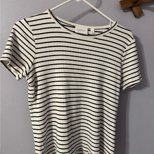 Cyrus White Ribbed Short-Sleeve Top with Black Stripes